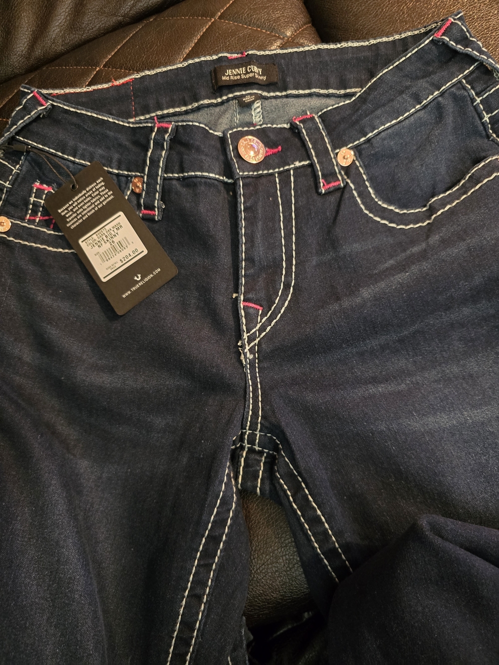 True Religion Dark Blue Skinny Jeans with White & Pink Stitching